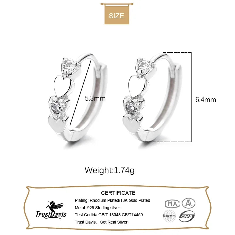 TrustDavis Real 925 Sterling Silver Romantic Heart  Hoop Earrings For Daughter Girls Birthday Gift Fine Jewelry DG0070