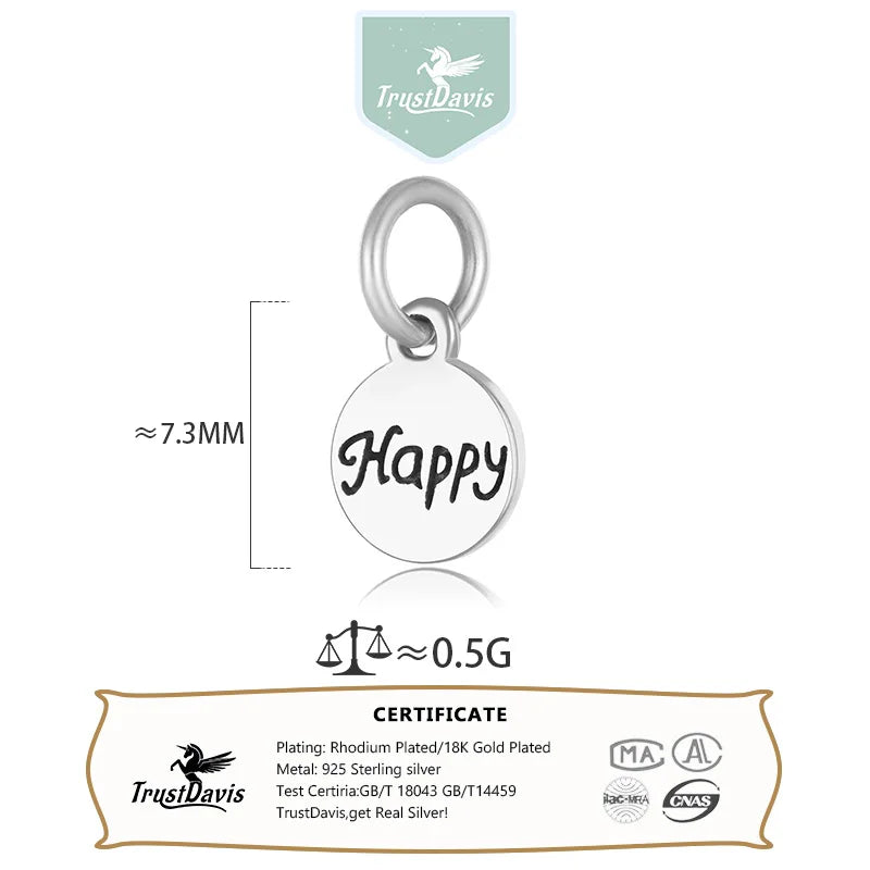 TrustDavis  Real 925 Sterling Silver Fashion Sweet Wafer Happy Charm Pendant Handmade DIY Accessories Jewelry Wholesale DZ105