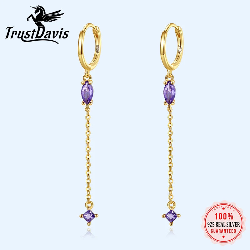 TrustDavis Real 925 Sterling Silver Fashion Colour Zircon Tassel Chain Hoop Earring For Women Wedding Party Fine Jewelry DA2707