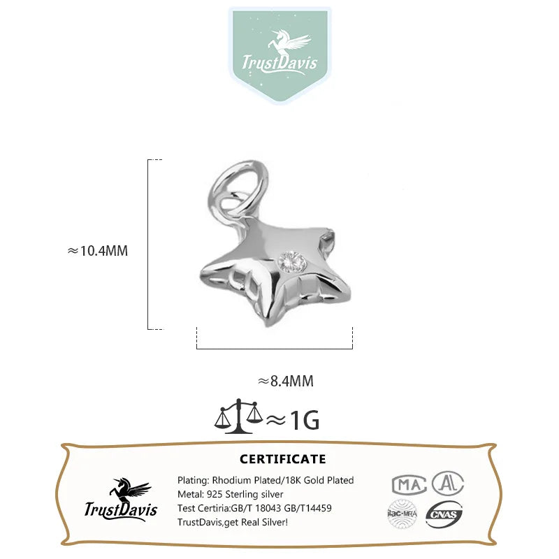 TrustDavis Real 925 Sterling Silver Fashion Sweet Star CZ Pendant DIY Necklace Bracelet Accessories Fine Women Jewelry HY972