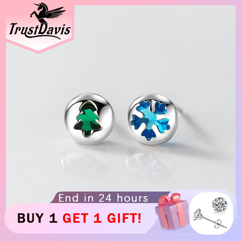 TrustDavis 925 Sterling Silver CZ Snowflake Stud Earrings Christmas Tree Girls Fine S925 Wholesale Jewelry DS3881