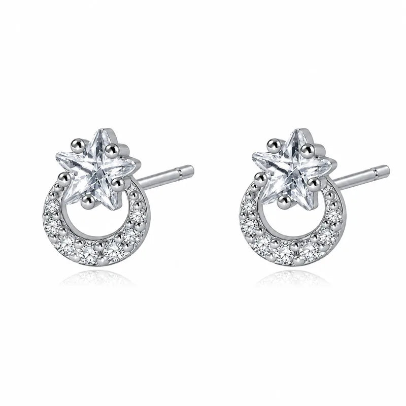 Real 925 Sterling Silver Star Moon Zircon Stud Earrings DS4950