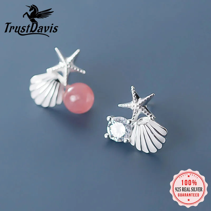Trustdavis Genuine 925 Sterling Silver Fashion Asymmetric Starfish Shells Stud Earrings For Women Wedding Party Jewelry DA1235