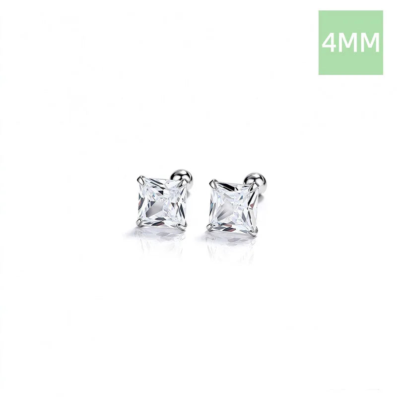 Silver 4 Prong Princess Cut CZ Screw Earrings DS5008