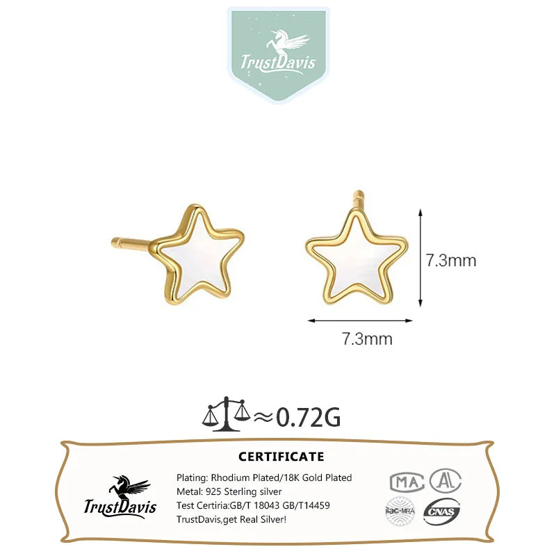 TrustDavis 925 Sterling Silver Women's Fashion Simple White Mother-of-pearl Star Earrings for Women Girls Jewelry Gift DS4664