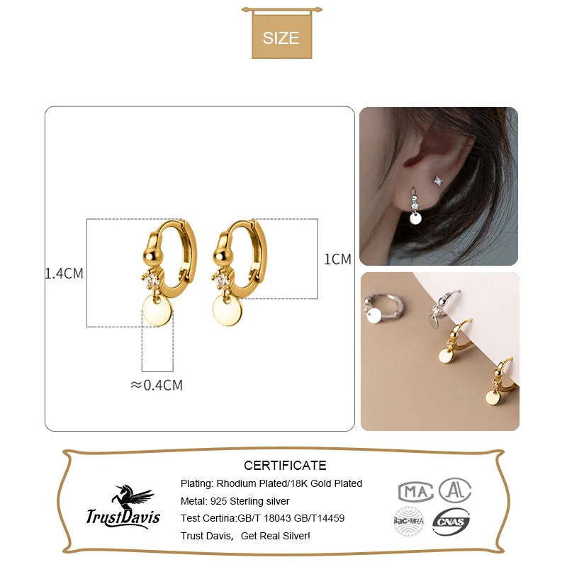 TrustDavis Real 925 Sterling Silver Simple Disc Pendant Crystal Zircon Hoop Earrings For Women Bohemian Charm Jewelry DA2428
