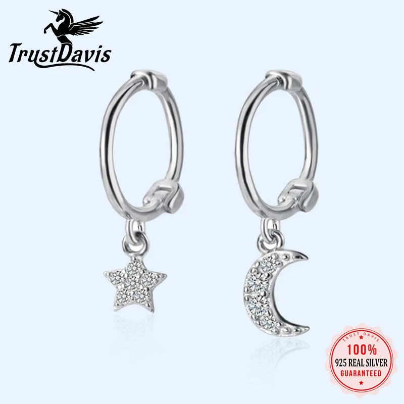 Trustdavis Authentic 925 Sterling Silver Fashion Star Moon Charm Hoop Earrings For Women Wedding Party Silver 925 Jewelry DS1771