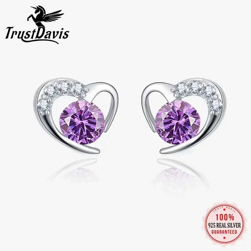 Trustdavis Genuine 925 Sterling Silver Sweet Trendy Romantic Elegant Heart CZ Stud Earrings for Women Wedding Jewelry DS4053