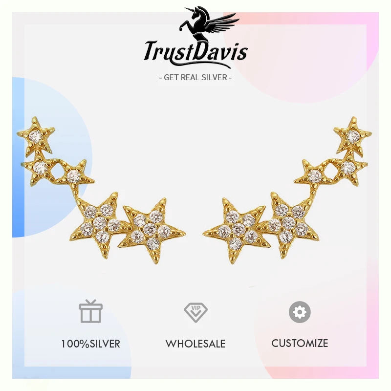 TrustDavis 925 Sterling Silver Women's Fashion Simple Star Zircon Earrings for Women Girls Birthdays Jewelry Gift  DS4698