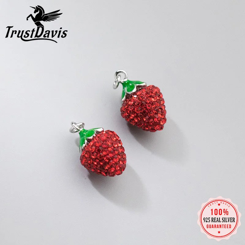 TrustDavis New Real 925 Sterling Silver Fashion Zircon Red Strawberry Charm Pendant Handmade DIY Accessories Wholesale DZ1733