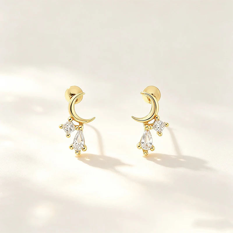 Moon Stud Earrings Minimalist Teardrop Zircon Screw Earrings DS5004