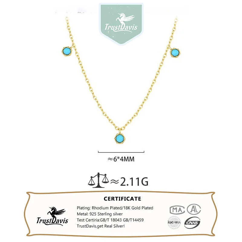 TrustDavis 925 Sterling Silver Women's Simple Vintage Turquoise Pendant Clavicle Necklace for Women Girls Jewelry Gift DS4333