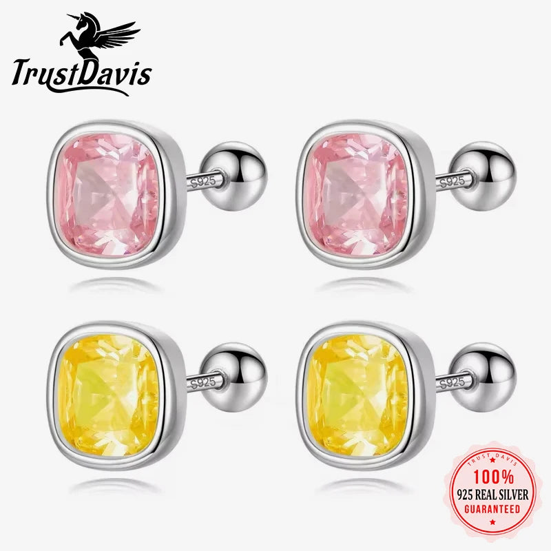 TrustDavis Real 925 Sterling Silver Sweet Geometric CZ Screw Stud Earrings for Women Girls Birthday Fine Jewelry DS4052