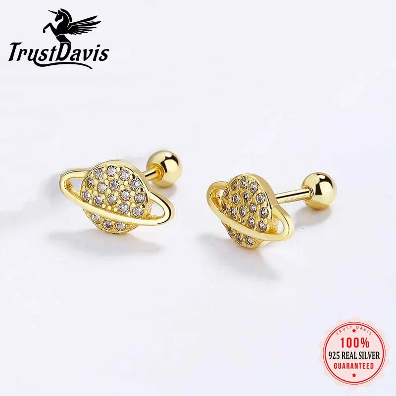 TrustDavis Real 925 Sterling Silver Planet Star Screw Stud Earrings For Women Wedding Party Fine Dazzling CZ S925 Jewelry DA2737