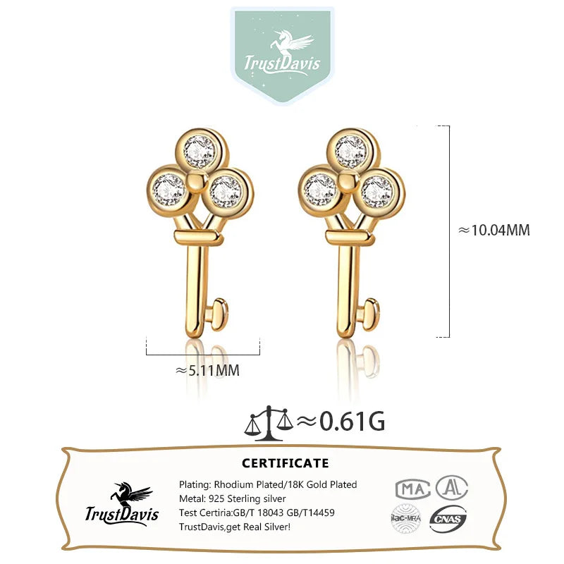 TrustDavis 925 Sterling Silver Women's Earrings Fashion Simple Key Zirconia Stud Earrings for Women Girls Jewelry Gift DS4358