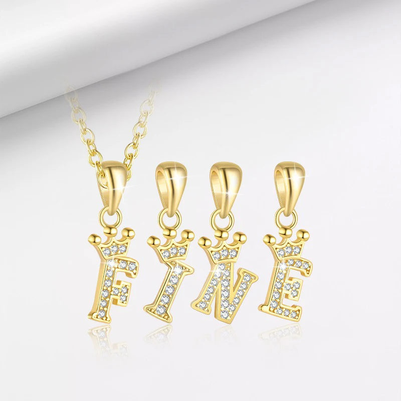 TrustDavis 925 Sterling Silver Women's Fashion Crown 26 Letter Pendant Zircon Necklace for Women Girls Jewelry Gift DS4445