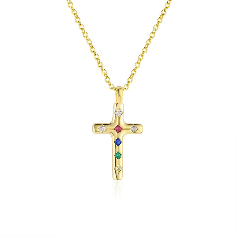 TrustDavis Real 925 Sterling Silver Fashion Colorful Zircon Cross Necklace for Women Girl Birthday Gift Fine Jewelry DS4668