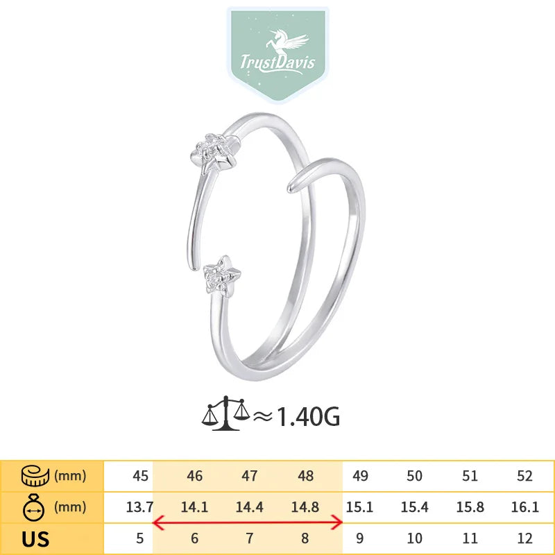 TrustDavis Real 925 Sterling Silver Women's Fashion Simple Star Double Open Ring for Women Girls Fine Jewelry Gift DS4677