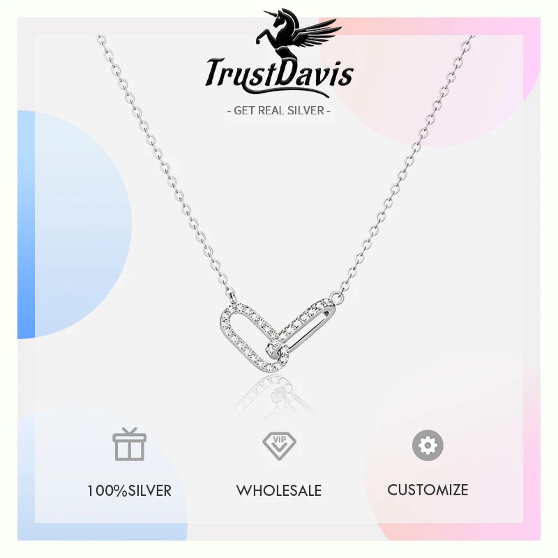 TrustDavis Real 925 Sterling Silver Fashion Simple Double-ring Zircon Necklace for Women Girls Gift Fine Jewelry DS4741