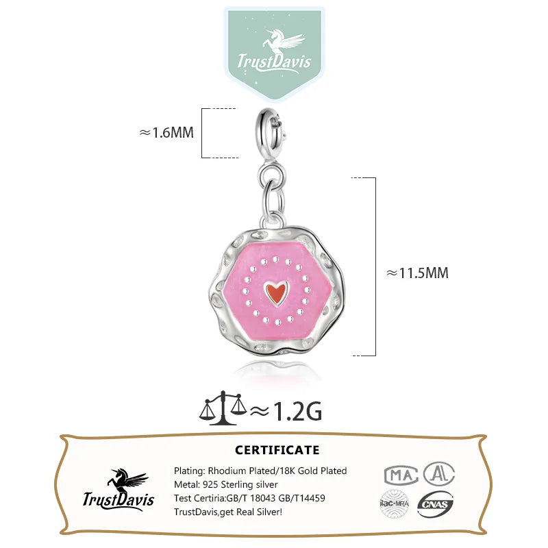 TrustDavis Real 925 Sterling Silver Geometry Color Heart Charm Pendant Handmade DIY Necklace Bracelet Accessories Jewelry DZ755
