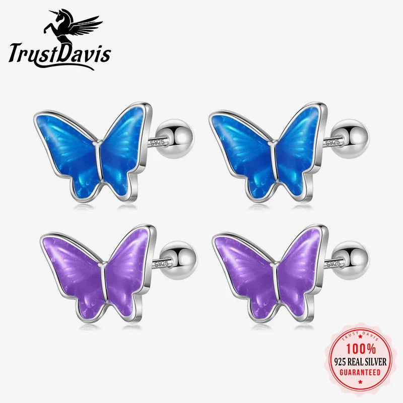 TrustDavis Real 925 Sterling Silver Colour Glaze Insect Butterfly Screw Stud Earrings For Daughter Girls Fine Jewelry Gift DF327