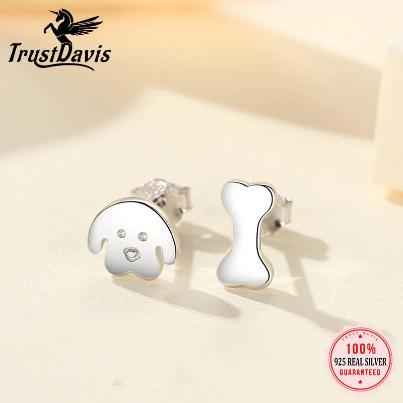 TrustDavis 925 Sterling Silver Women's Fashion Asymmetrical Funny Dog Love Bone Earrings for Women Girls Jewelry Gift DS4365