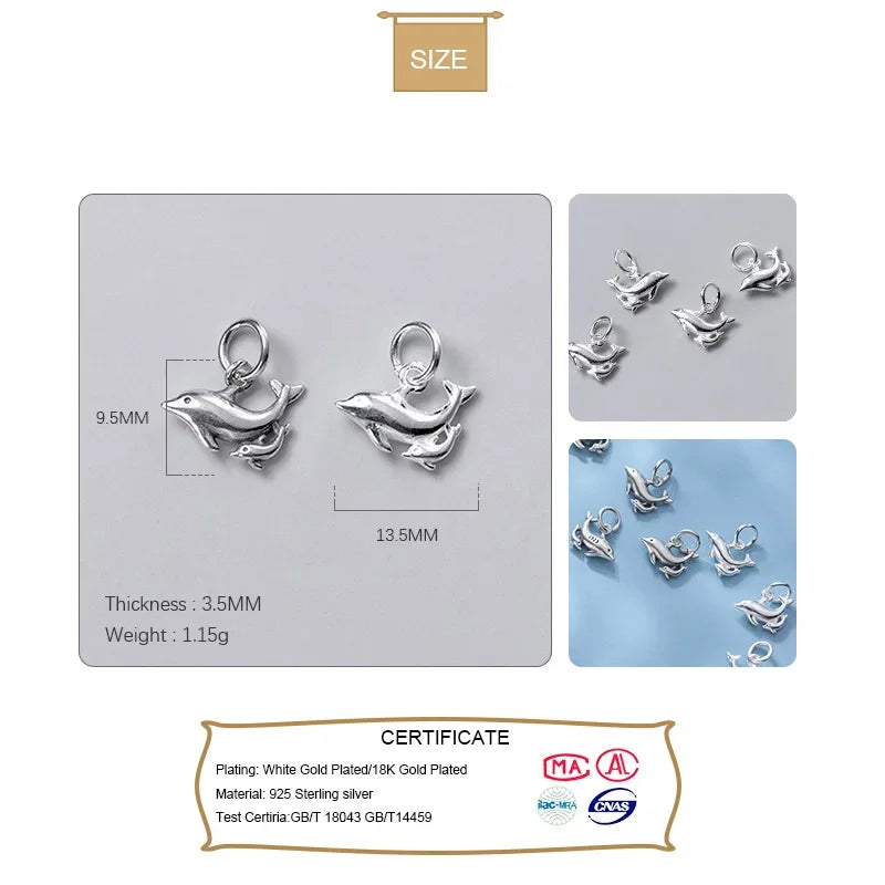 TrustDavis Real 925 Sterling Silver Fashion Sweet Double Dolphins Charm Pendant Handmade DIY Accessories Fine Jewelry DZ202