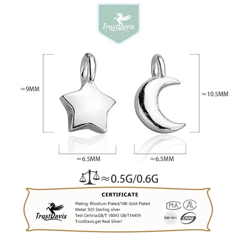 TrustDavis Real 925 Sterling Silver Fashion Star Moon Charm Pendant Handmade DIY Accessories Fine Jewelry Wholesale DZ1705