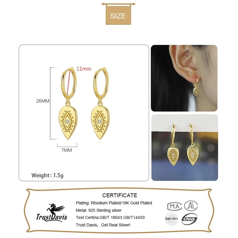 TrustDavis Real 925 Sterling Silver Hoop Earrings For Women Wedding Geometry Water Drop Eyes Dangle Earring 925 Jewelry DA872