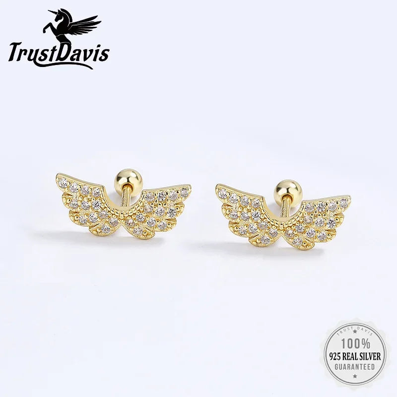 TrustDavis Real 925 Sterling Silver Stud 2022 Fashion Angel Wings CZ Beads Screw Earring For Women Wedding Fine Jewelry DG0111