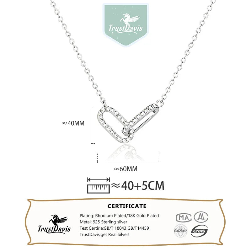 TrustDavis Real 925 Sterling Silver Fashion Simple Double-ring Zircon Necklace for Women Girls Gift Fine Jewelry DS4741