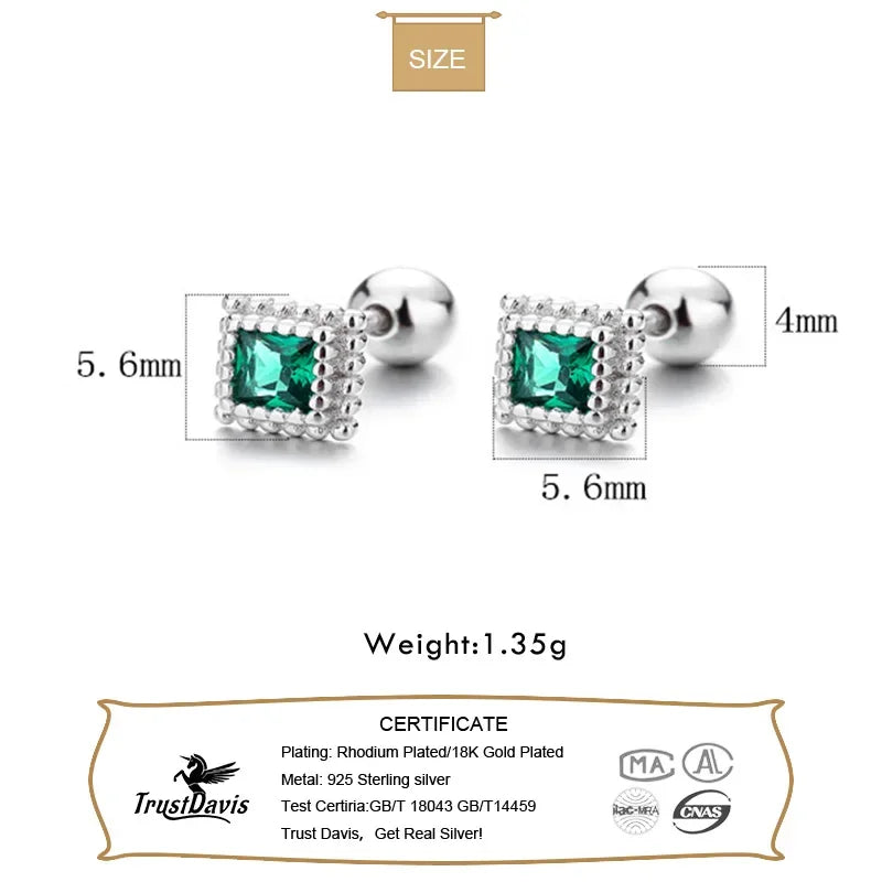 18K Gold Square Green CZ Beads Screw Earring DG0095