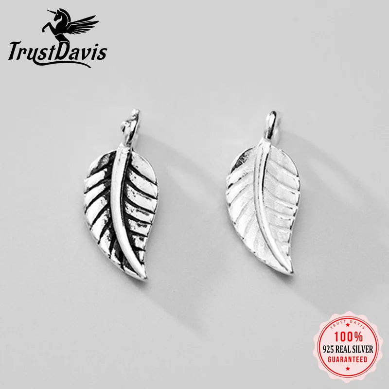 TrustDavis New Real 925 Sterling Silver Fashion Personality Leaf Charm Pendant Handmade DIY Accessories Wholesale DZ1724