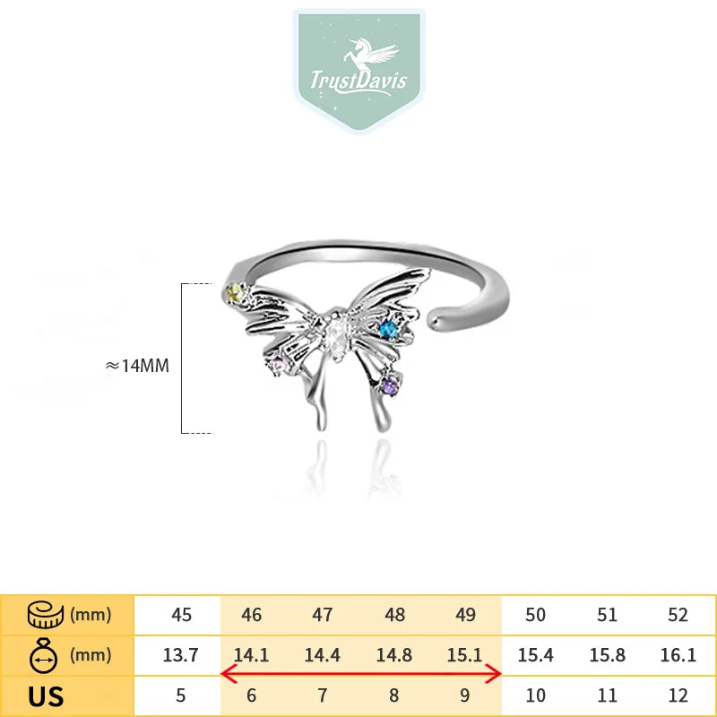 TrustDavis Real 925 Sterling Silver Fashion Color Diamond Butterfly Ring for Women Office Lady Birthday Gift Fine Jewelry DA1638