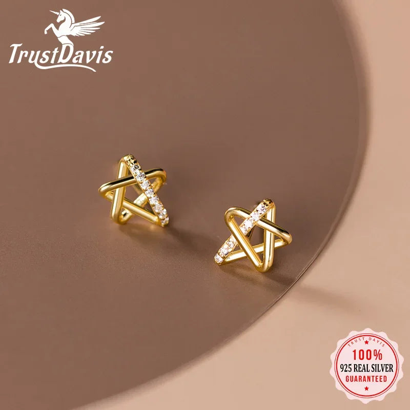 TrustDavis Real 925 Sterling Silver Earring Fashion Star Twinkling CZ Stud Earrings For Women Wedding Mother's Day Gift DA3135