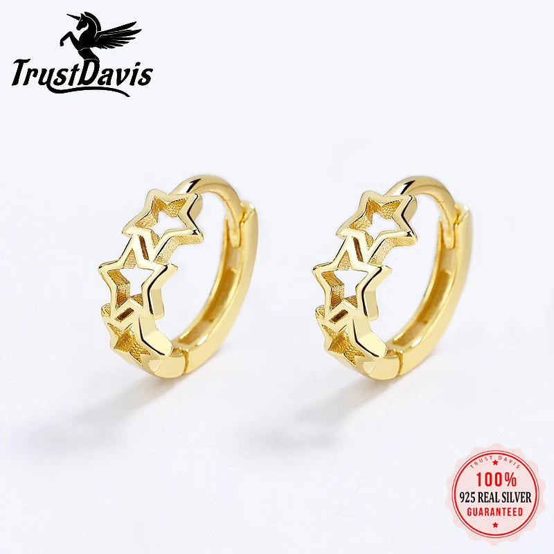 TrustDavis Real 925 Sterling Silver Sweet 18K Gold Hollow Star Charm Hoop Earrings For Women Office Lady Fine 925 Jewelry DG0118