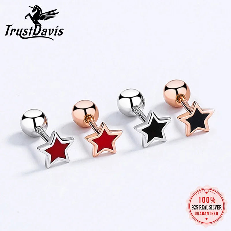 TrustDavis Real 925 Sterling Silver Heart Star Bead Screw Stud Earrings For Women Valentine's Day Fine S925 Jewelry Gift DA2871