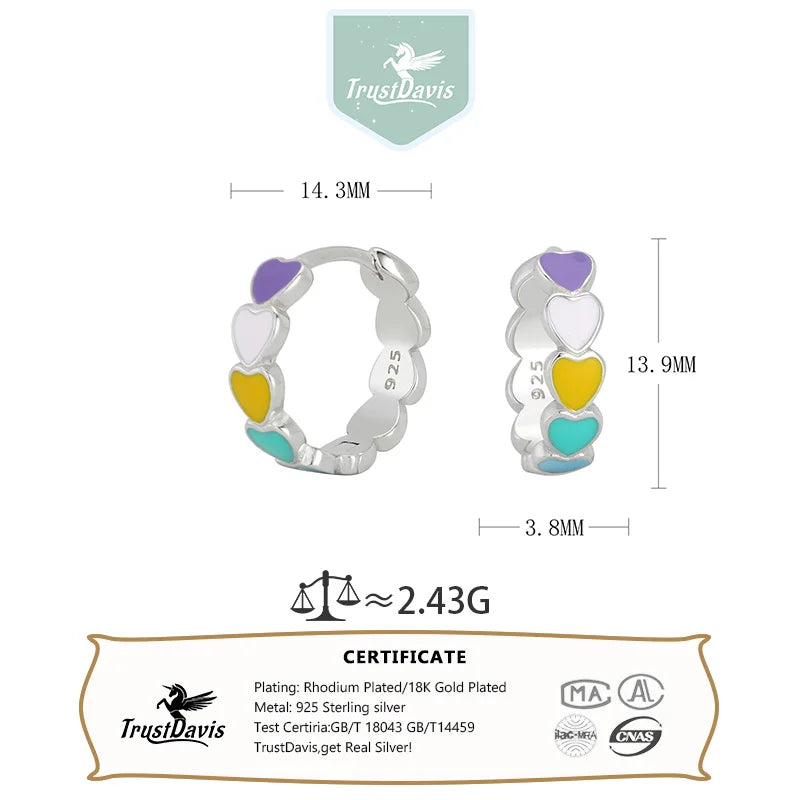TrustDavis 925 Sterling Silver Women's Fashion Simple Colorful Epoxy Heart Hoop Earrings for Women Girls Jewelry Gift DS4433