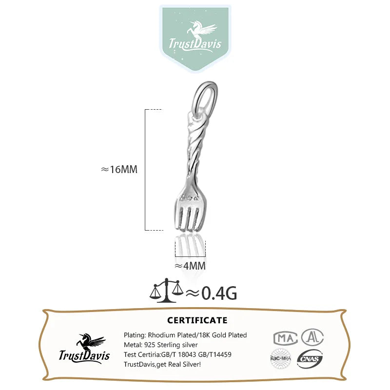 TrustDavis Real 925 Sterling Silver Personality Small Fork Charm Pendant Handmade DIY Accessories Fine Jewelry Wholesale DZ1708