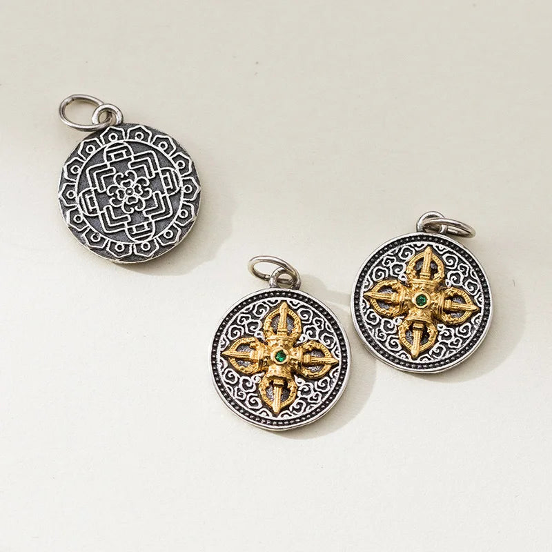 TrustDavis Real 925 Sterling Silver Retro 12mm Round Plate Charm Pendant Handmade DIY Accessories Wholesale DZ1783