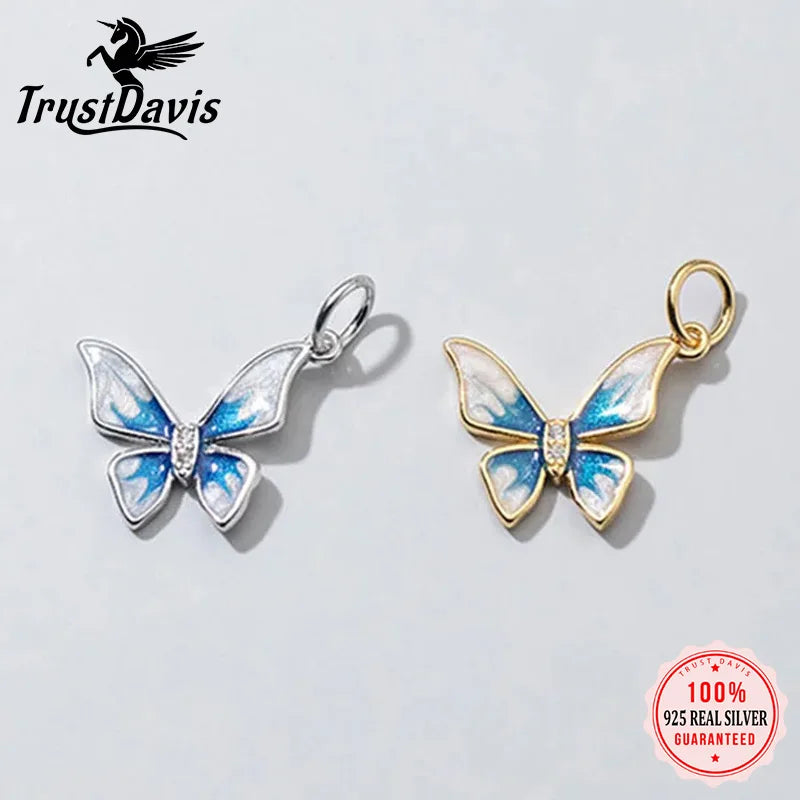 TrustDavis  New Real 925 Sterling Silver Fashion Glaze Insect Butterfly CZ Charm Pendant Handmade DIY Accessories Jewelry DZ74