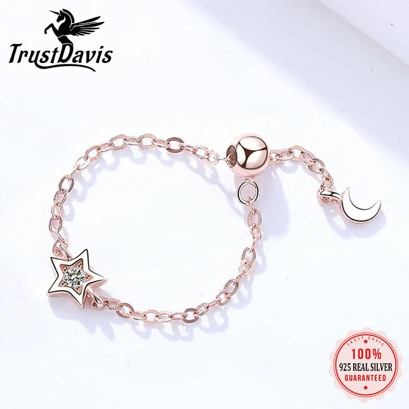 TrustDavis Real 925 Sterling Silver Fashion Moon Star CZ Chain Ring Sizable For Women Wedding Birthday Party Fine Jewelry DA2050