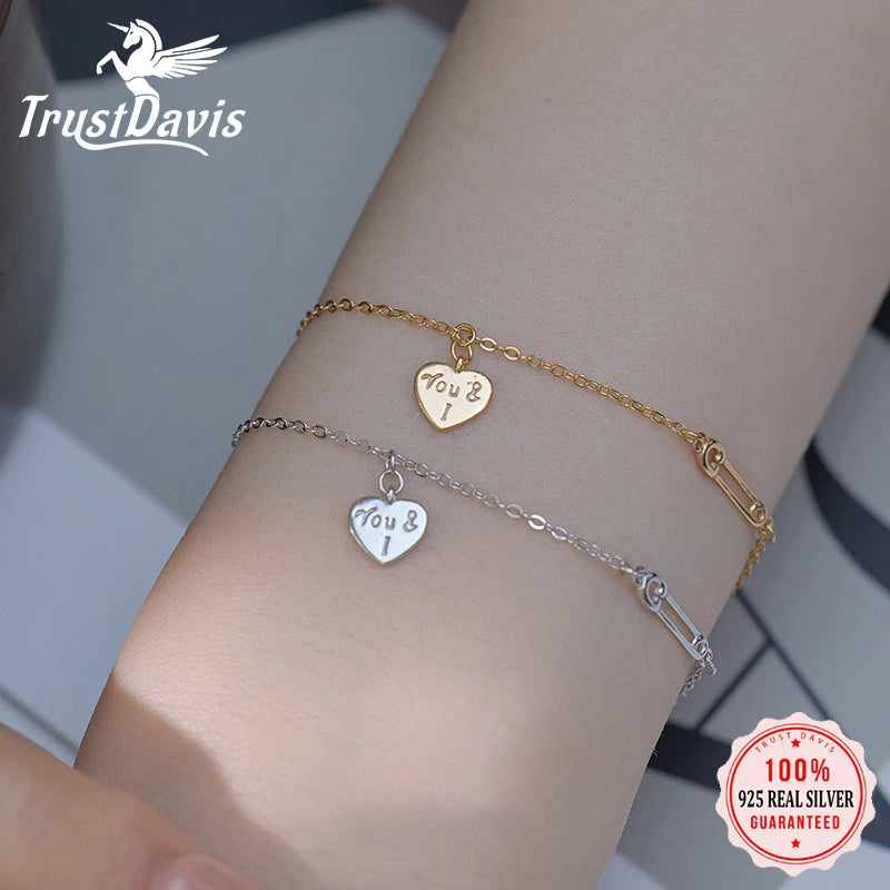 TrustDavis Girls 925 Sterling Silver Fashion Simple Heart Letter Paperclip Bracelet for Women Girl Gift Fine Jewelry DS4687