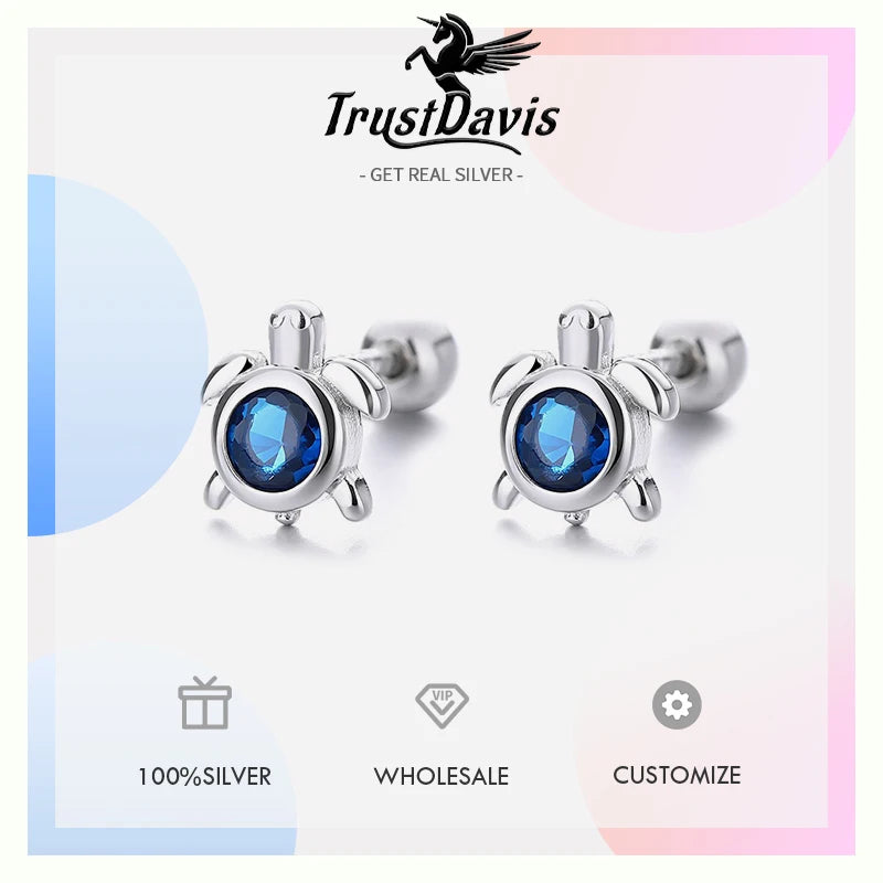 Turtle Earrings Cute Sea Turtle Blue Cubic Zircon Screw Earrings DS4993