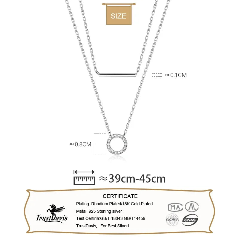 TrustDavis 925 Sterling Silver Elegant Double Layer Round Stick CZ Pendant Necklace Fine Jewelry For Women Wedding Party DB1262