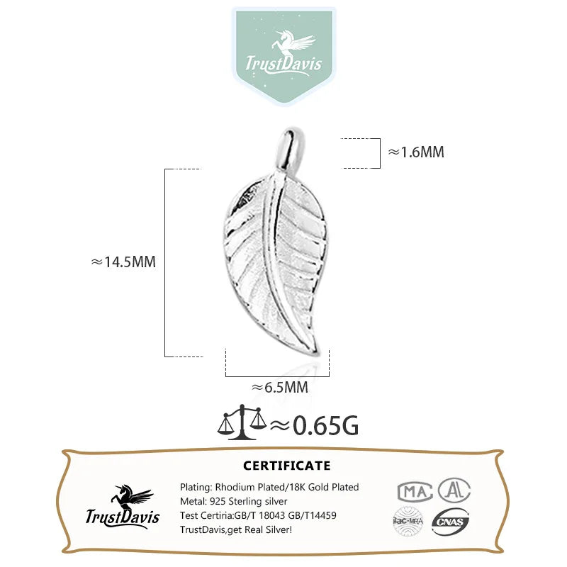 TrustDavis New Real 925 Sterling Silver Fashion Personality Leaf Charm Pendant Handmade DIY Accessories Wholesale DZ1724