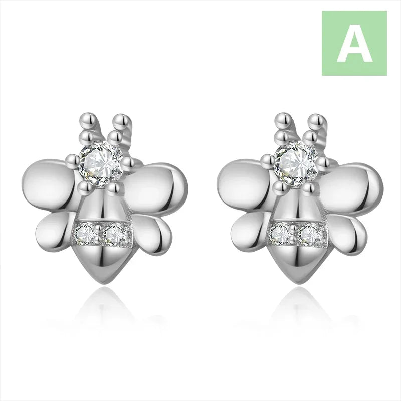 TrustDavis Real 925 Sterling Silver Insects Bee Rabbit Screw Stud Earrings Women Daughter Birthday Party Gift Jewelry DS4388