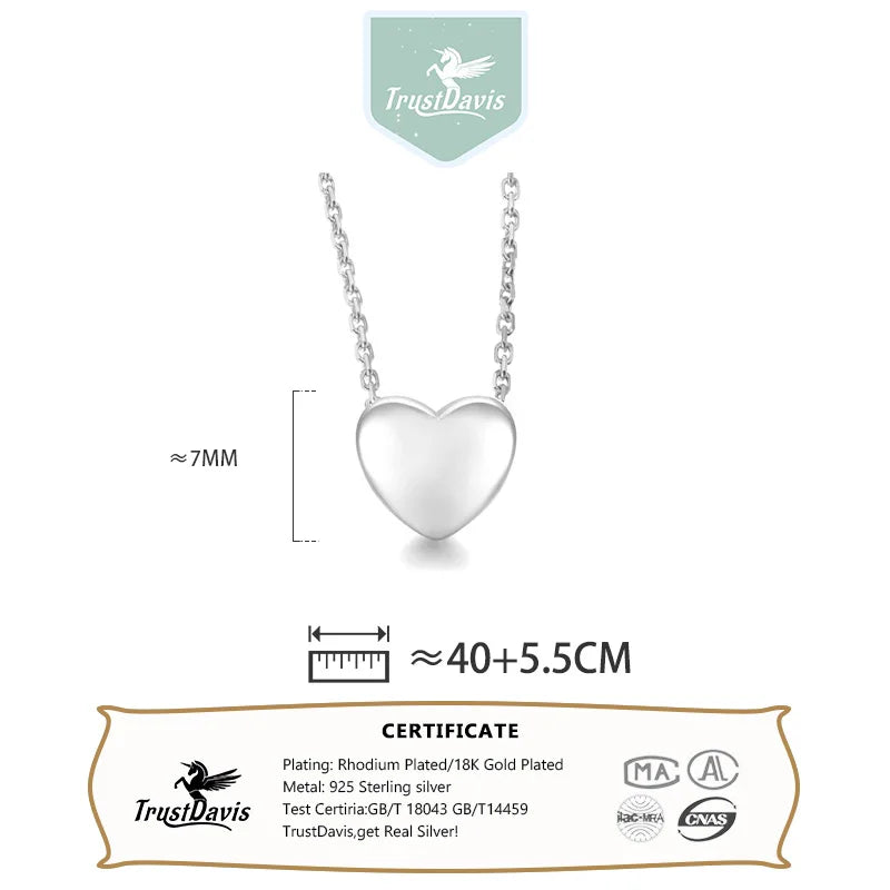 TrustDavis Women 925 Solid Sterling Silver Glossy Love Pendant Necklace for Lady Girls Birthday Gift Fine S925 Jewelry DS4463