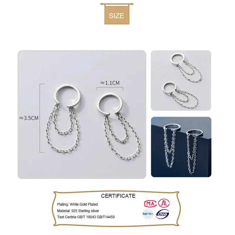 Trustdavis Real 925 Sterling Silver Double Chain Clip On Earrings Ear Cuff  For Women Without Piercing Earring Jewelry DA1700