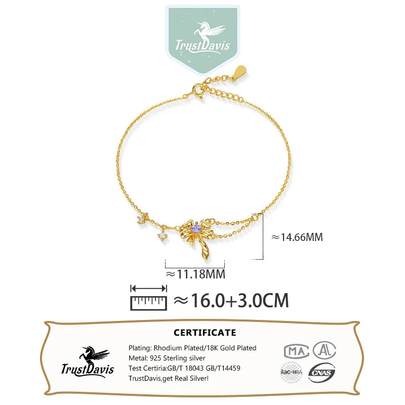TrustDavis 925 Sterling Silver Women's Fashion Simple Smart Bowknot Zircon Bracelet for Women Girls Jewelry Gift DS4441